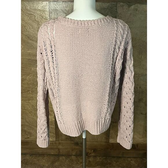Open Knit Long Sleeve Sweater Textured Pullover Relaxed Fit Pink - Picture 3 of 5